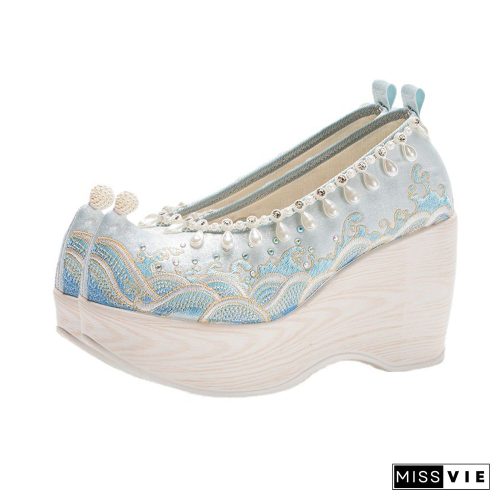 Vintage Embroidery Wave Print Pearl Platform High Heels Shoes