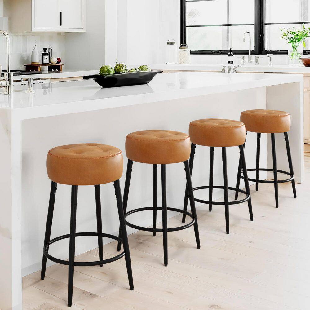 LUE BONA 24 in. Whiskey Brown Backless Faux Leather Counter Height Bar Stools with Metal Frame (Set of 4) LB22CH0004-100