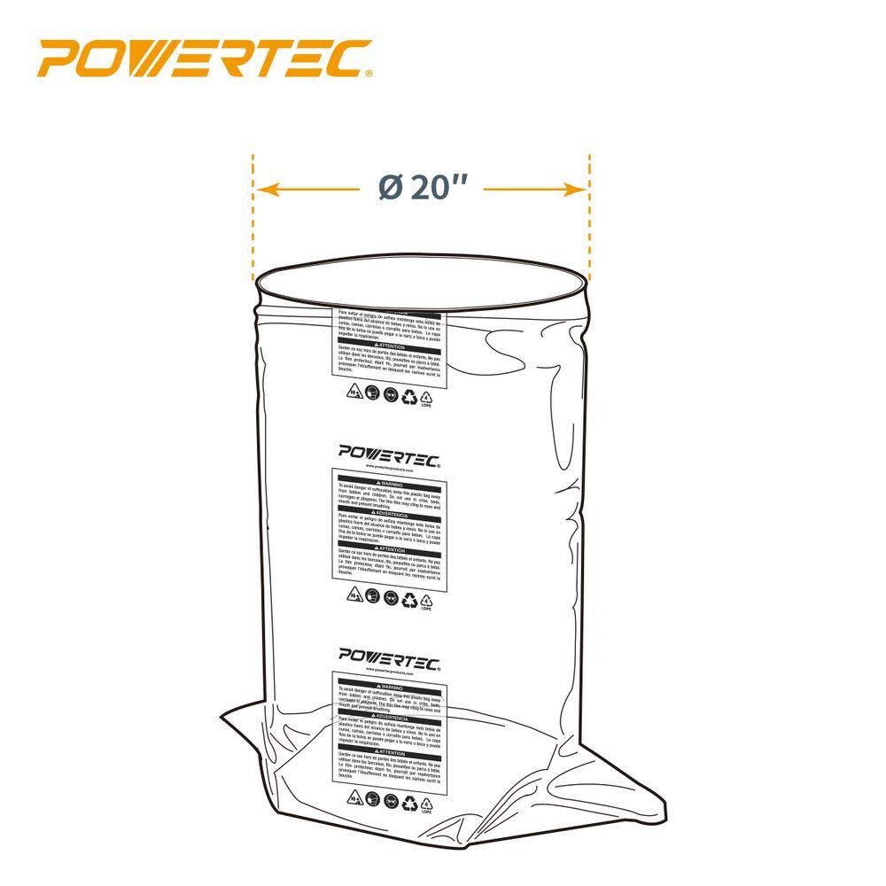 POWERTEC 20 in. Dia x 43 in. Clear Plastic Dust Collection Bag (5-Pack) 70002