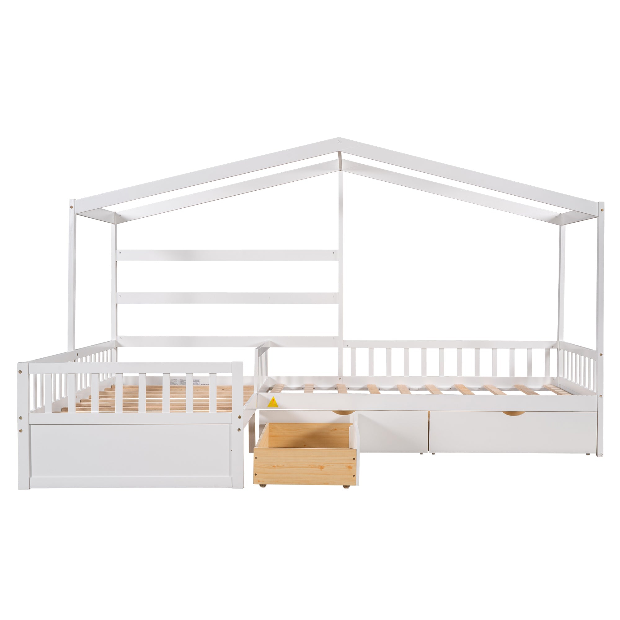 Wood Twin Double House Bed with Three Drawers for Kids, White