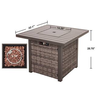 Nuu Garden 32 in. Square Wicker Fire Pit Table Outdoor Propane Gas Fire Pit Table Brown AF018