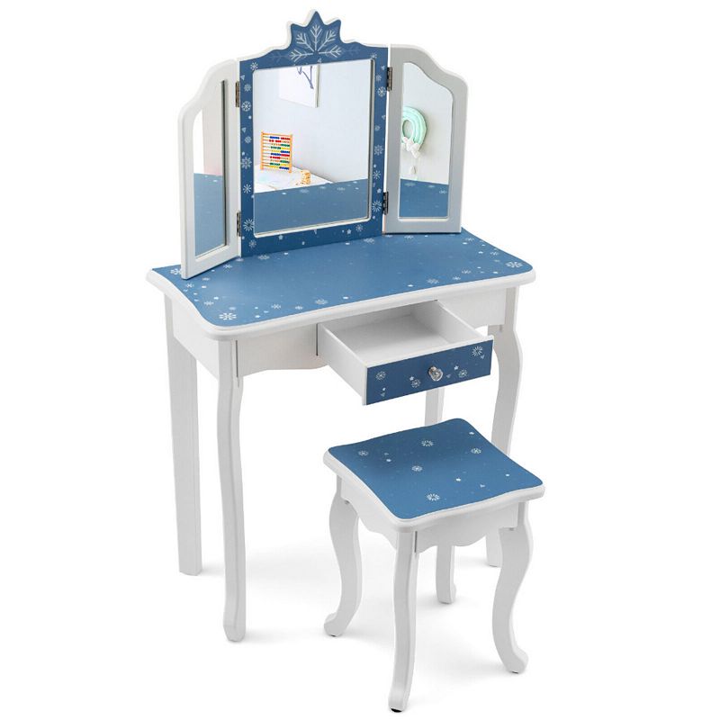 Princess Vanity Table and Chair Set with Tri-Folding Mirror and Snowflake Print