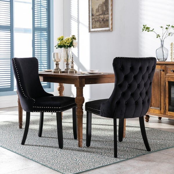 Wing-Back Velvet Dining Chair with Solid Wood Legs， Set of 2