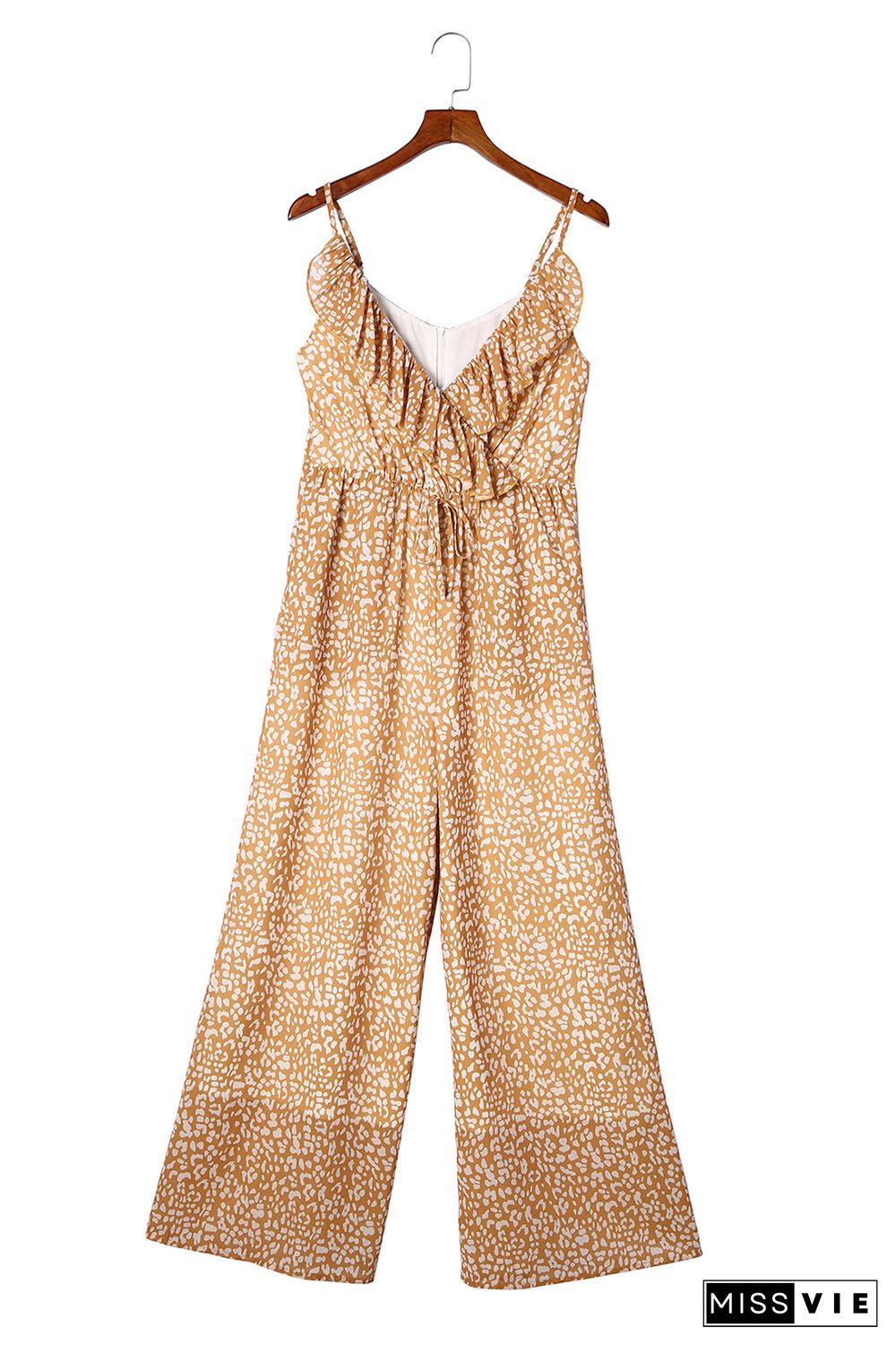 Yellow Leopard Print Drawstring Ruffled V Neck Jumpsuit