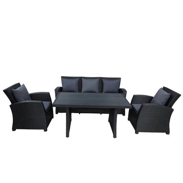 4-Piece Black Wicker Furniture Sofa Set with Dark Grey Cushions - Overstock - 35083986