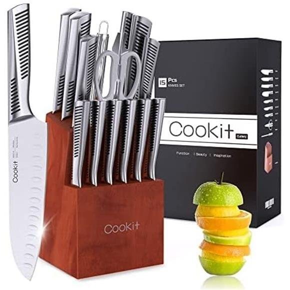 Kitchen Knife Set;  15 Piece Knife Sets with Block Chef Knife Stainless Steel Hollow Handle Cutlery