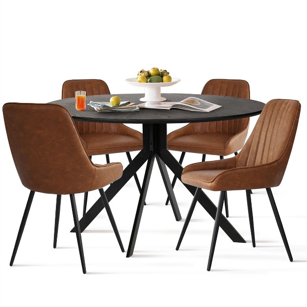 43 x27 x27 Jones Solid Black Grain Round Dining Table With 4 Upholstered Faux Leather Tiny Armchairs With Metal Legs the Pop Maison