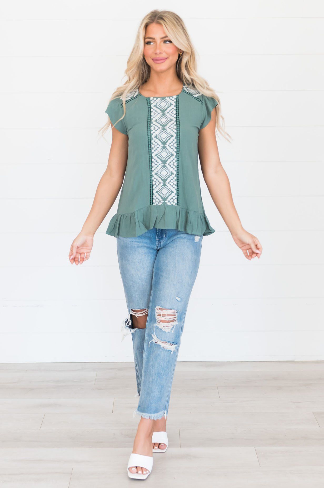 Turn Back Time Embroidered Modest Blouse