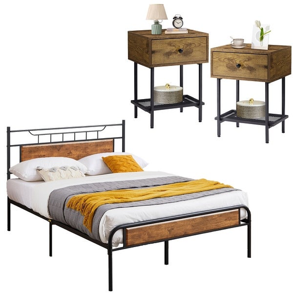 Industrial 3-Pieces Bedroom Set Platform Bed Frame and Nightstands Set of 2 - - 36913922