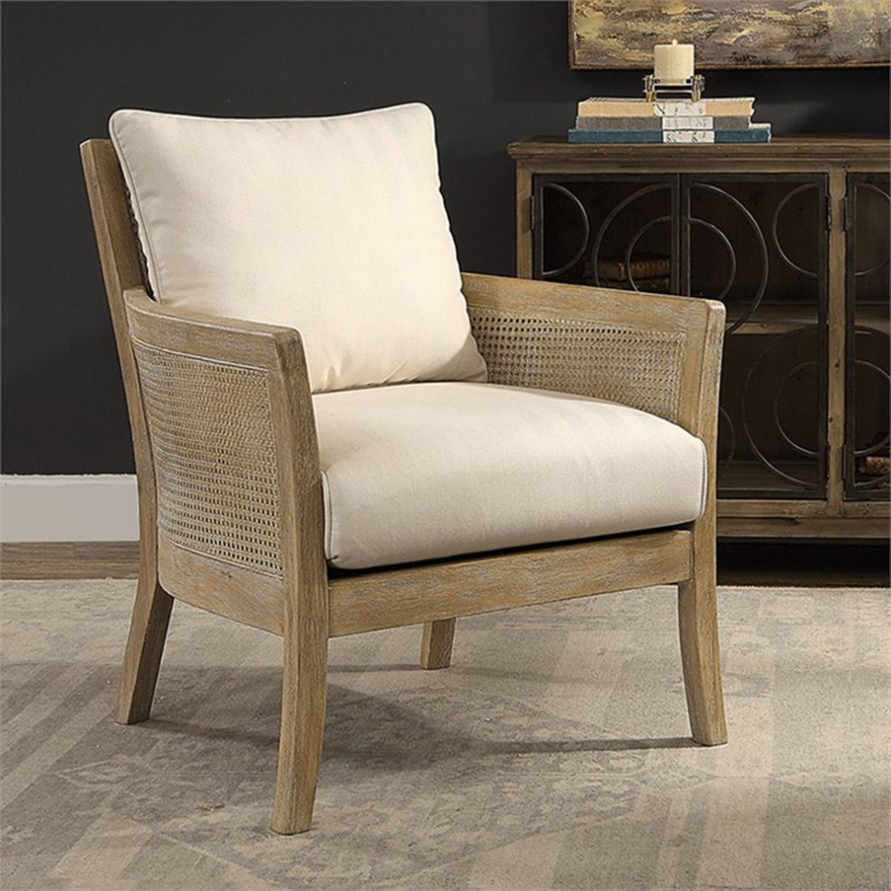 Uttermost Encore Wood Rattan Metal and Fabric Arm Chair in Off White   Tropical   Armchairs And Accent Chairs   by Homesquare  Houzz