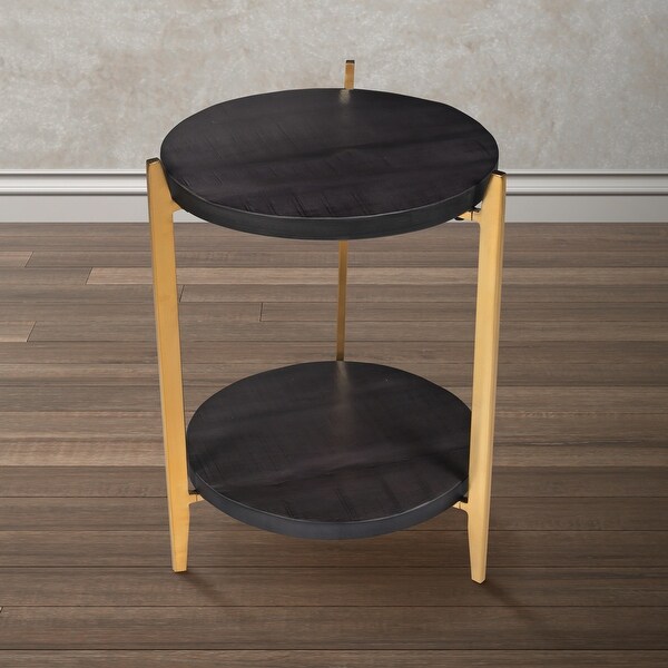 Tali 16 Inch Handcrafted Round Side End Table， 2 Tier， Charcoal Gray Acacia Wood， Sleek Gold Metal Legs