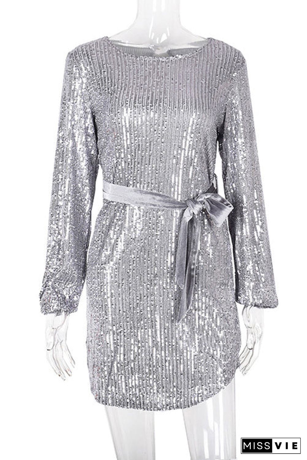 Long Sleeve Boat Neck Sequined Party Mini Dress