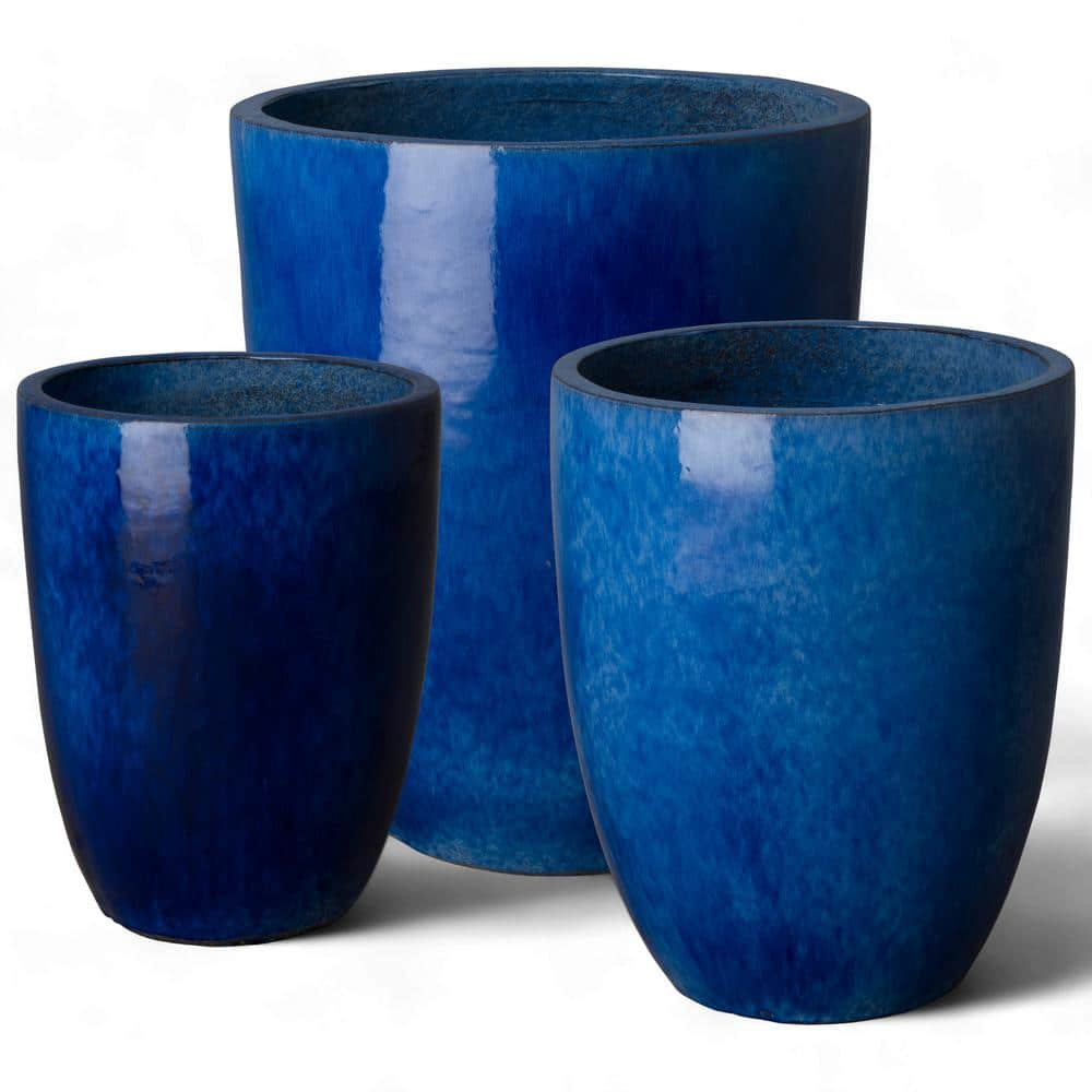 Emissary Tall 19 in. D x 24 in. H Blue Ceramic Round Planter with Drainage Hole 0552BL-2