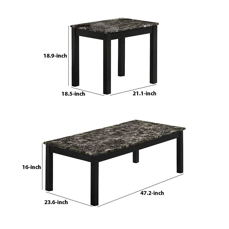 3 Piece Coffee Table and End Table with Faux Marble Top， Black