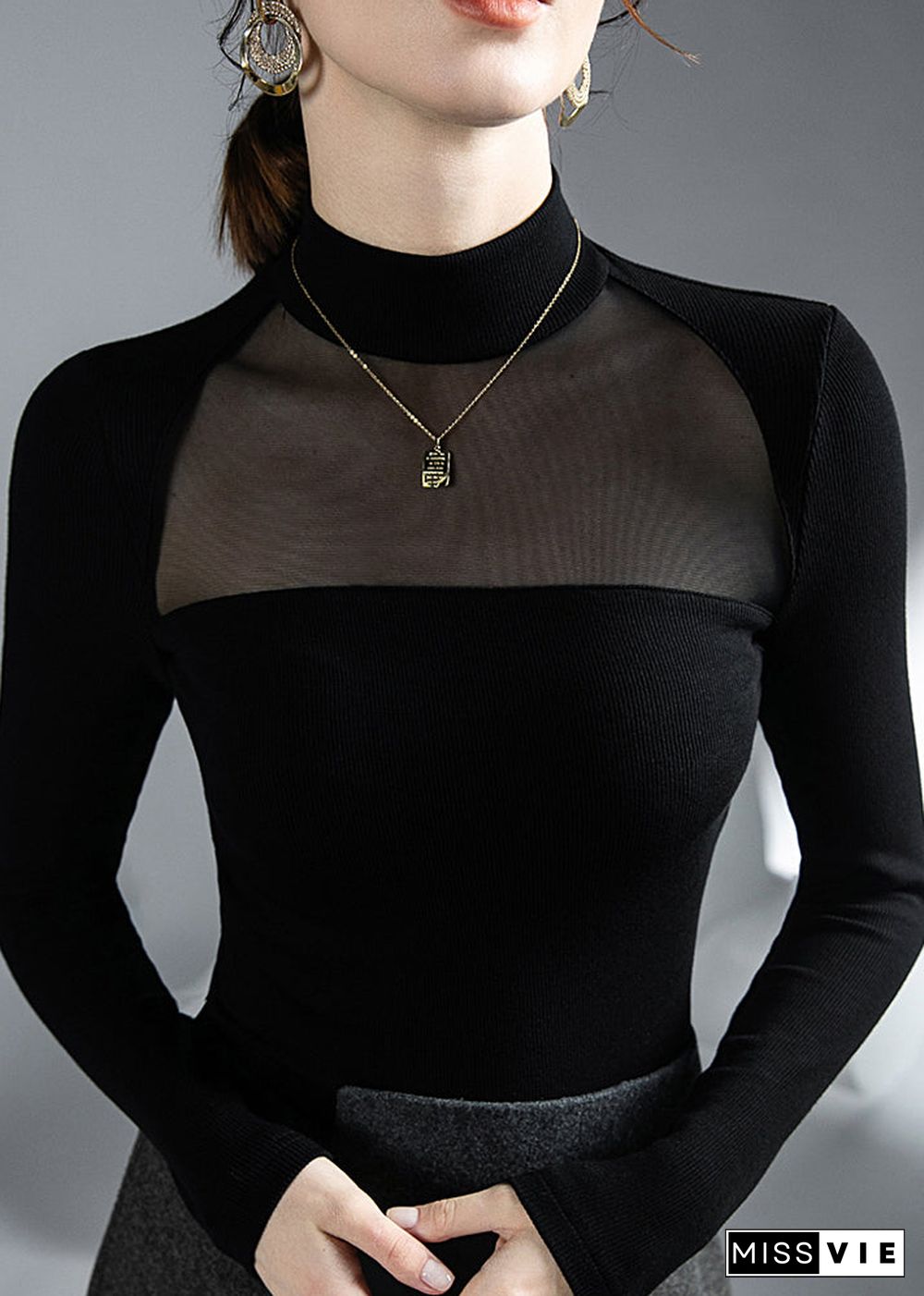 Sexy Black Turtleneck Solid Tulle Tops Bottoming Shirt