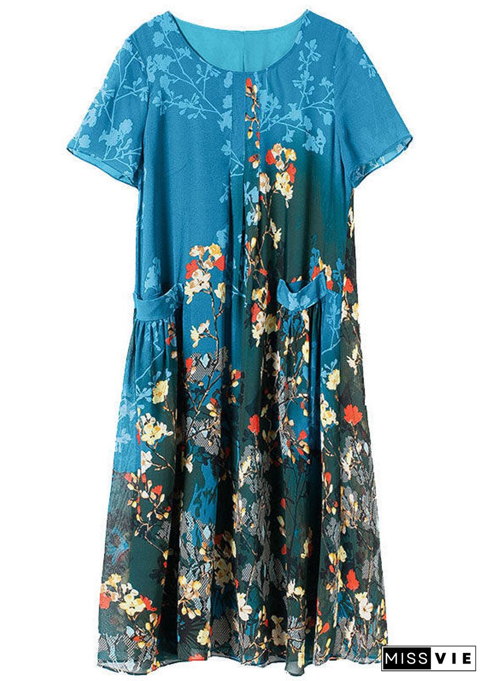 Beautiful Blue O-Neck Pockets Print Chiffon A Line Dress Short Sleeve