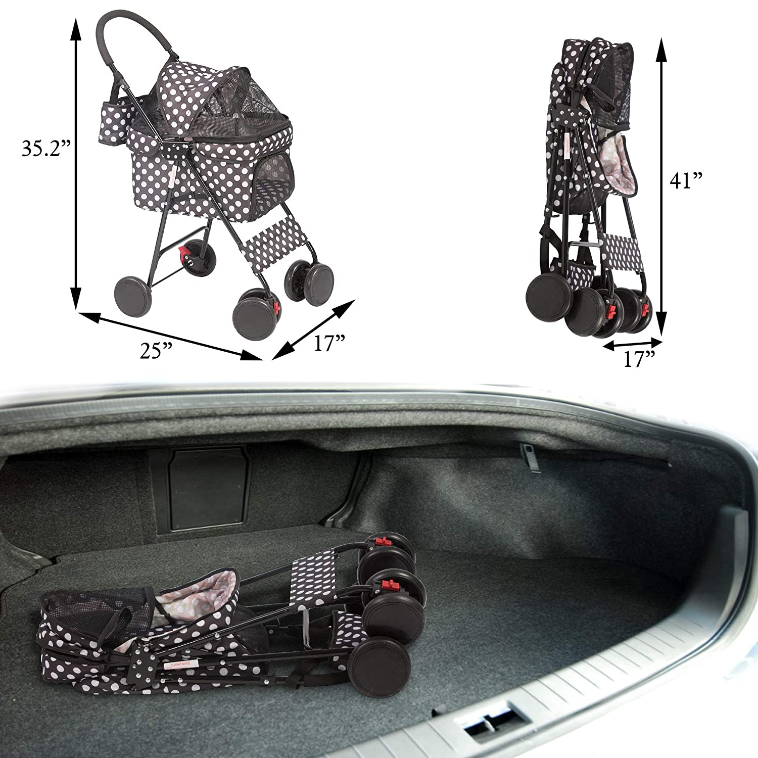 Folding Dog Stroller Travel Cage Stroller for Pet Cat Kitten Puppy Carriages - Large 4 Wheels Elite Jogger - Single or Multiple Pets (Black - 1 cage)