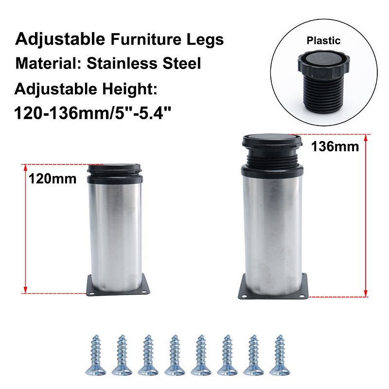 Furniture Legs Stainless Steel Sofa Bench Adjustable Feet Replacement 5pcs