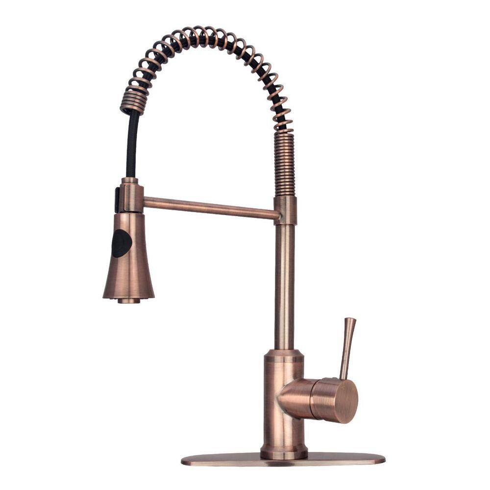 Akicon Single-Handle Pre-Rinse Spring Pull-Down Sprayer Kitchen Faucet in Antique Copper AK566-AC