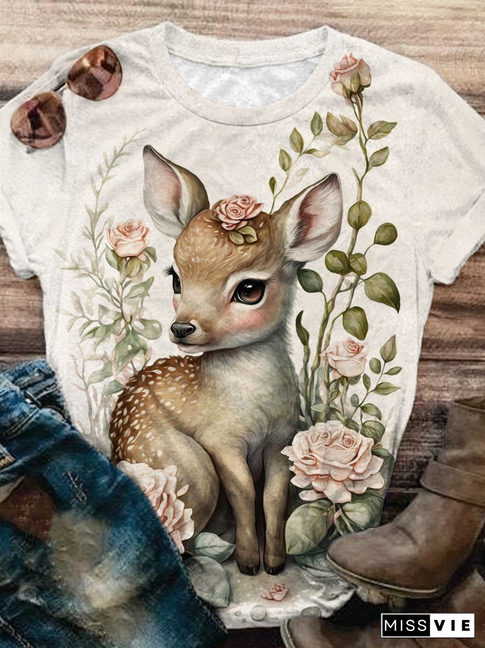 Floral Deer Print Crew Neck T-Shirt