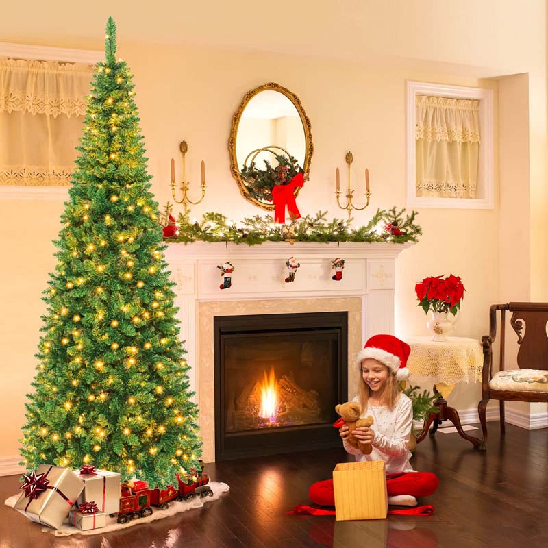 4.5/6.5/7.5FT Pre-Lit Artificial Slim Pencil Christmas Tree with Hinged Branch Tips, LED Lights & Solid Metal Stand