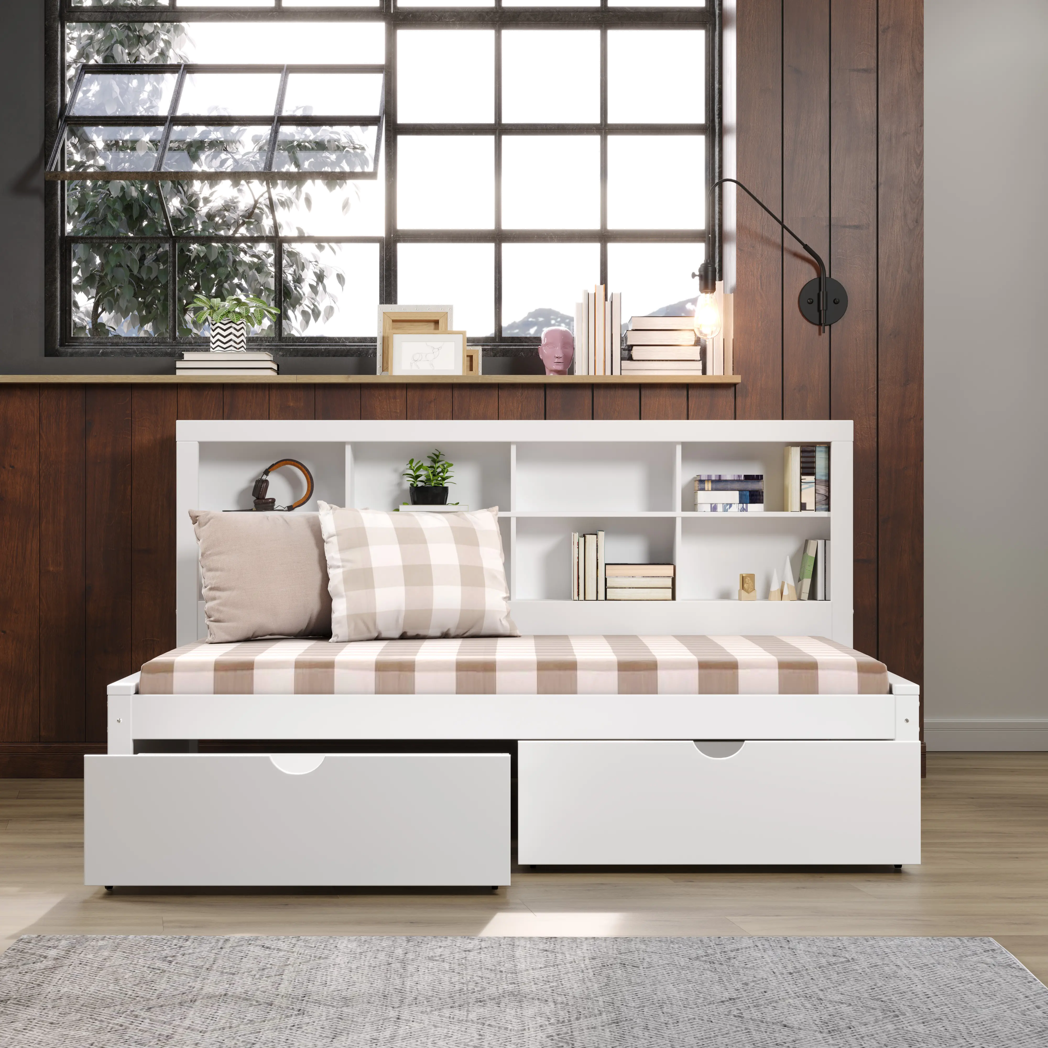 White Twin Bookcase Daybed with Storage Drawers