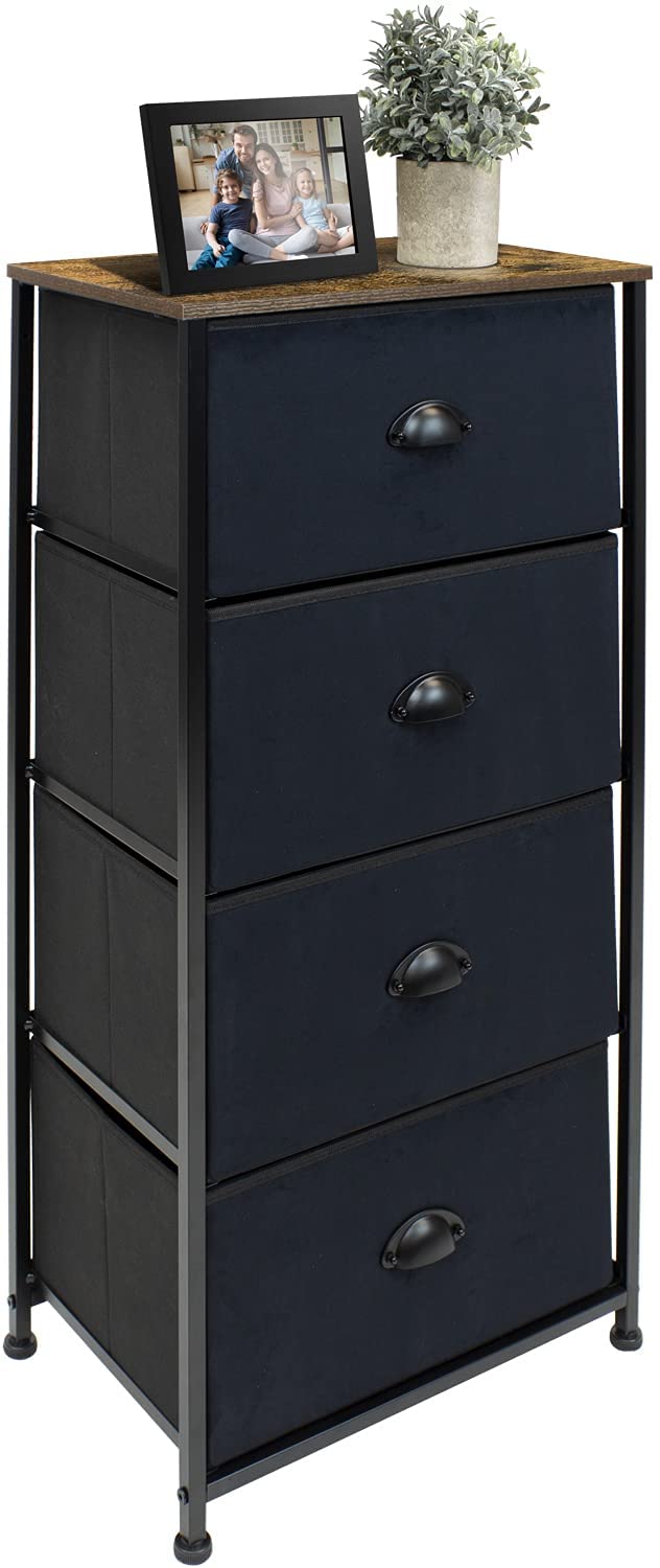 Sorbus Tall Nightstand - 4 Drawer Fabric Dresser, Tall Skinny Dresser for Bedside Furniture, Storage Organizer Dresser for Home, Hallway, Office, College Dorm, Steel Frame, Rustic Wood Top, (Black)