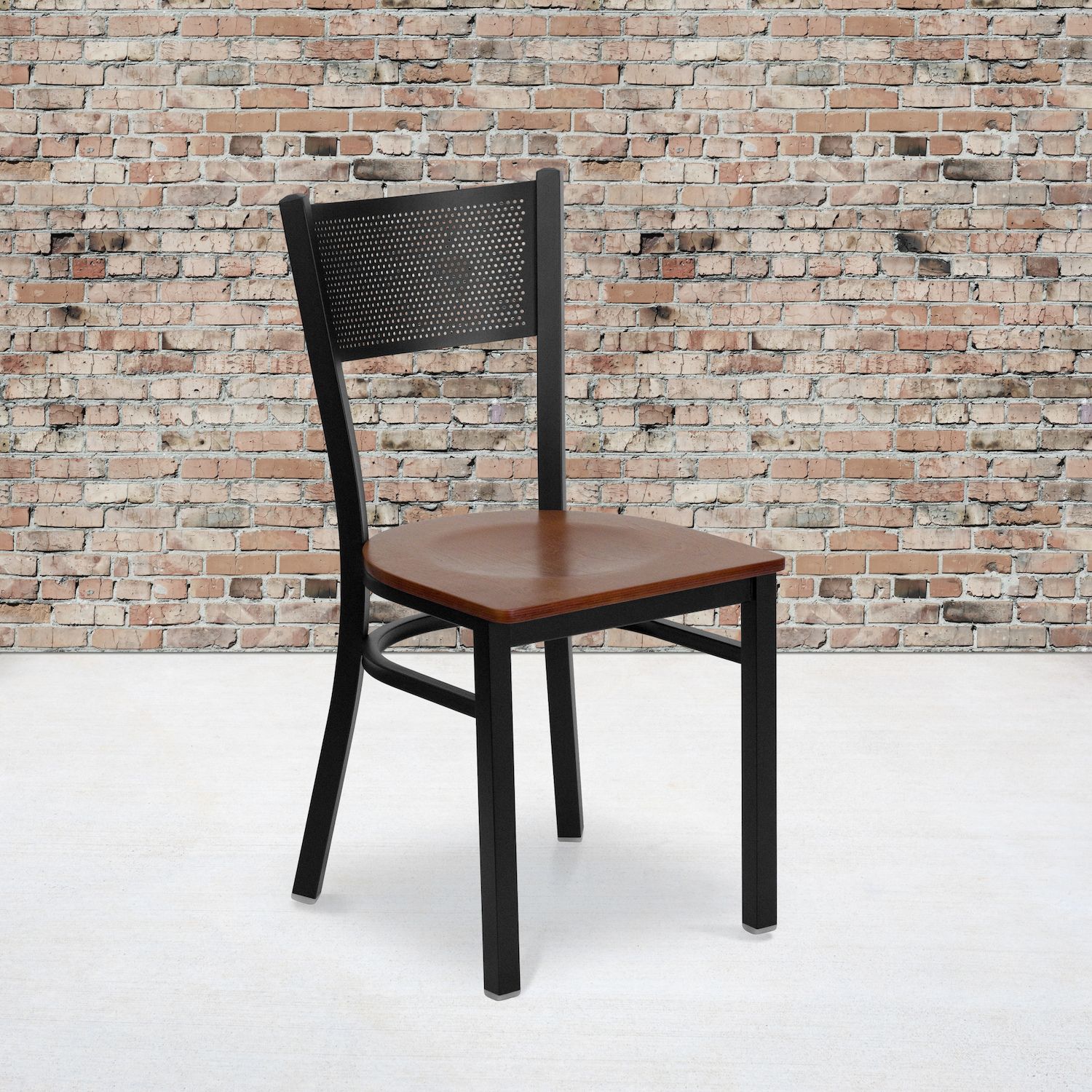 Emma and Oliver Black Grid Back Metal Restaurant Chair - Cherry Wood Seat