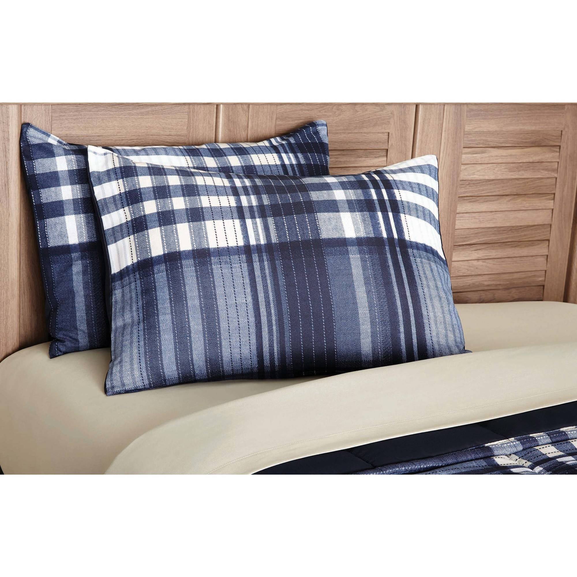 Mainstays Blue Plaid 8 Piece Bed in a Bag Comforter Set with Sheets， Queen