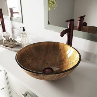 VIGO Glass Round Vessel Bathroom Sink in Wooden Brown with Seville Faucet and Pop-Up Drain in Oil Rubbed Bronze VGT172