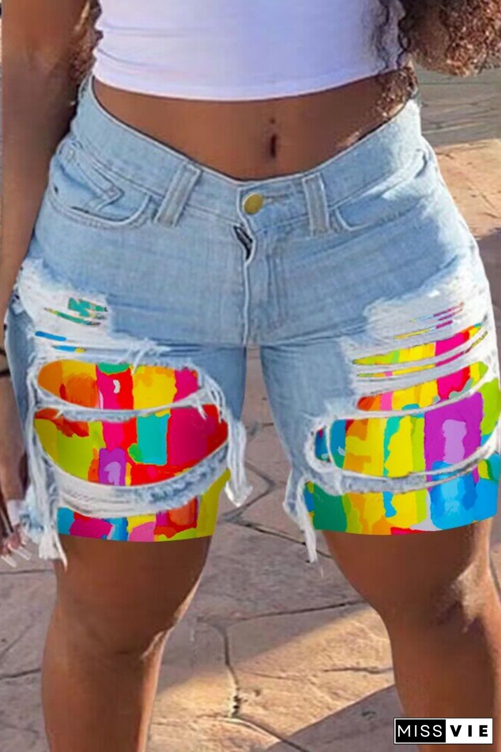 Casual Patchwork Ripped Mid Waist Skinny Denim Shorts