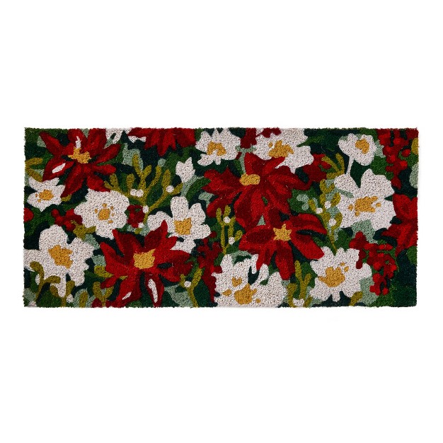 Red And White Poinsettia Flowers Rectangle Indoor And Outdoor Estate Coir Door Welcome Mat Green Background