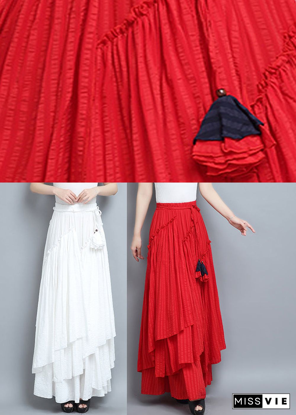 Red Asymmetrical Tie Waist Pleated Skirt Summer