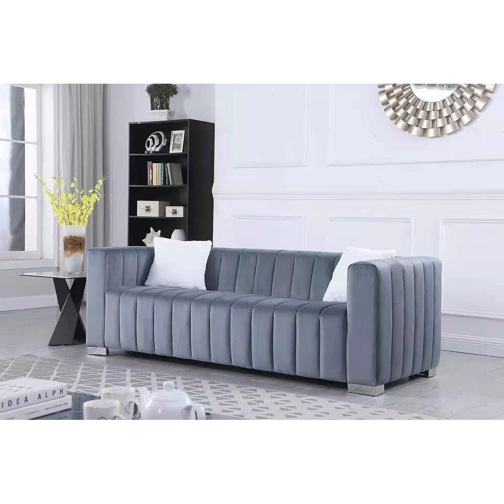 Chesterfield Velvet Sofa for Living Room Upholstered 3 Seater Tufted Couch with High Armrest and Metal Legs  Bedroom  Office