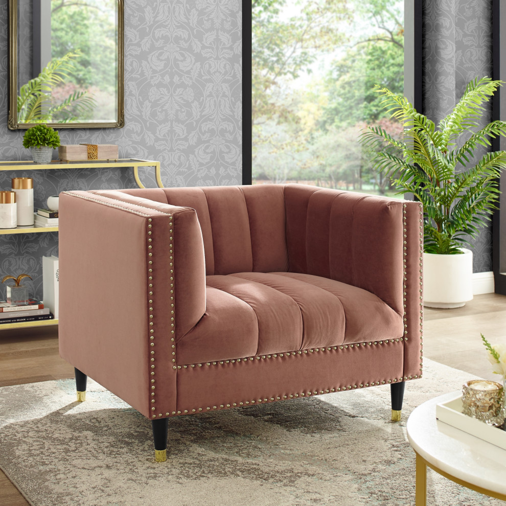 Nicole Miller Althea Velvet Channel Tufted Nailhead Trim Club Chair   Midcentury   Armchairs And Accent Chairs   by Inspired Home  Houzz