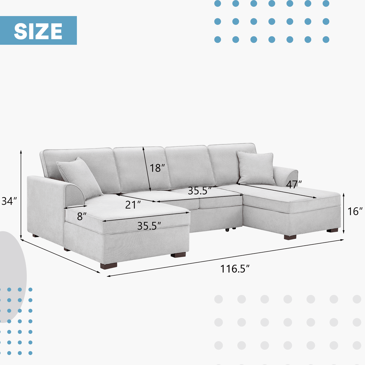 Mellcom U-Shaped Sectional Sofa with Pull-Out Bed, Upholstered Modular Couch with Storage, Gray