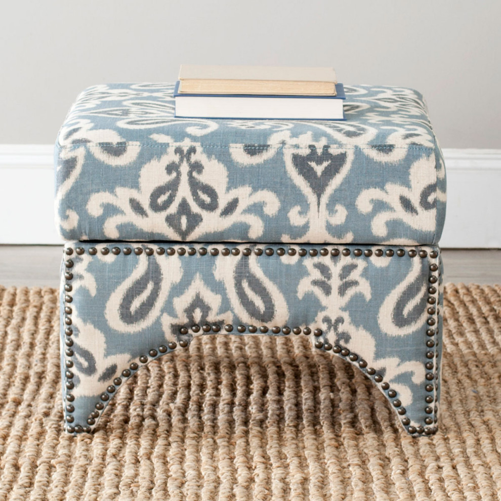 Clancy Ottoman Brass Nail Heads Blue/Gray/Off White Pattern   Mediterranean   Footstools And Ottomans   by V.S.D Furniture  Houzz