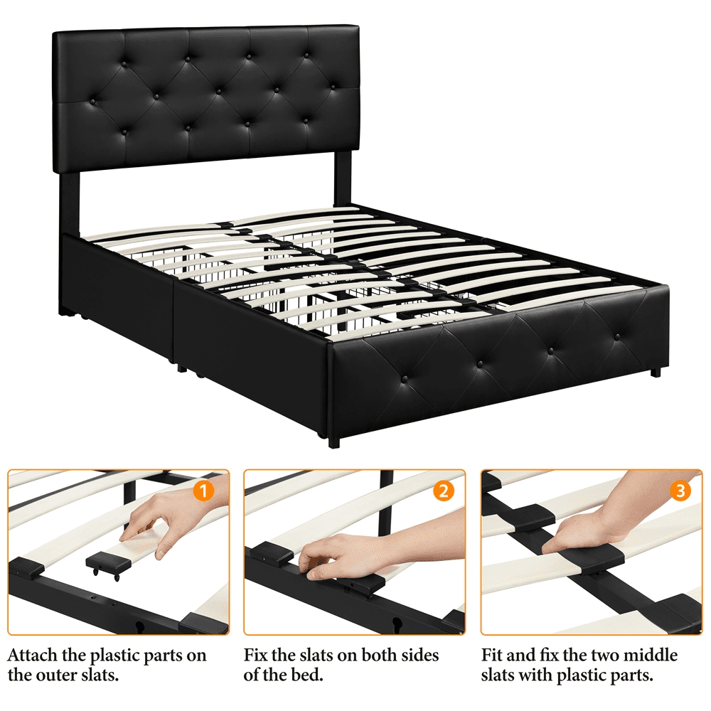 Topeakmart Full Size Upholstered Platform Bed Mattress Foundation with 4 Drawers Storage, Black