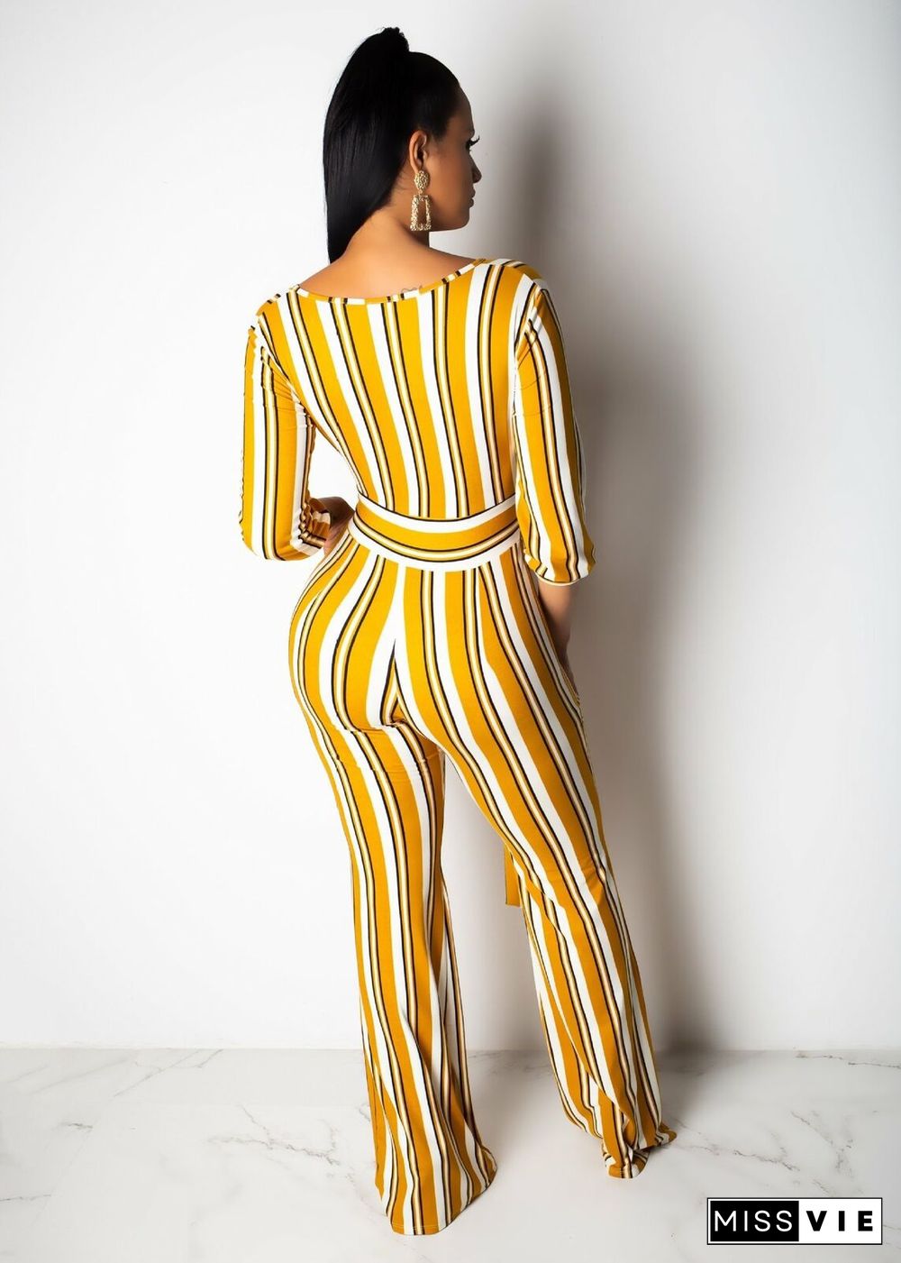 Fashion Stripe Print V-neck Wide Leg Jumpsuit With Belt