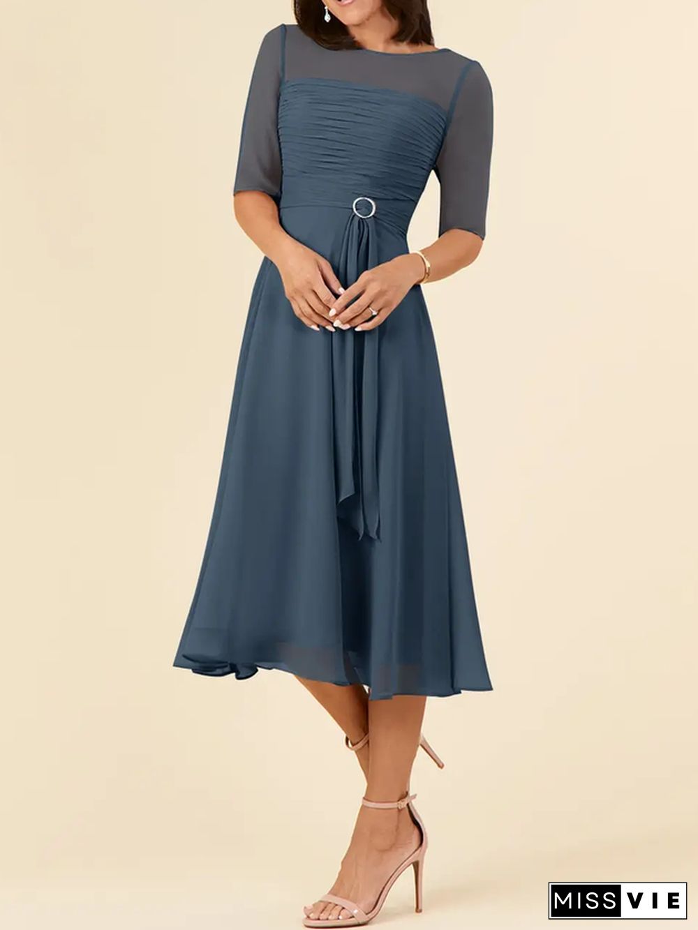 Elegant Crew Neck Chiffon Dress