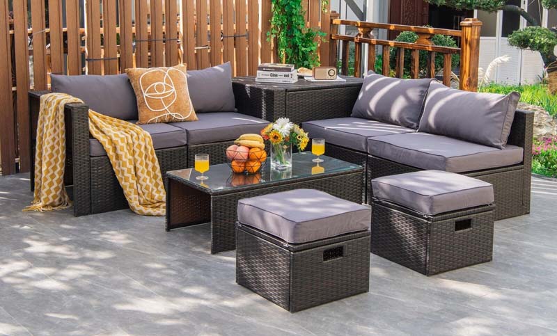 8 Pcs Rattan Patio Sectional Sofa Set with Storage Box & Waterproof Cover