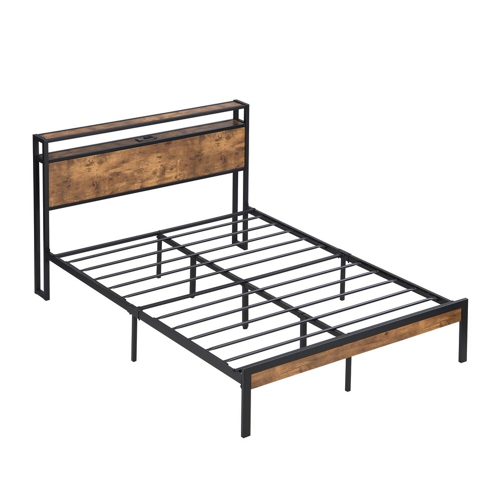 Queen Size Modern Style Metal Platform Bed Frame with Footboard and Wooden Headboard with USB LINER Large Under Bed Storage