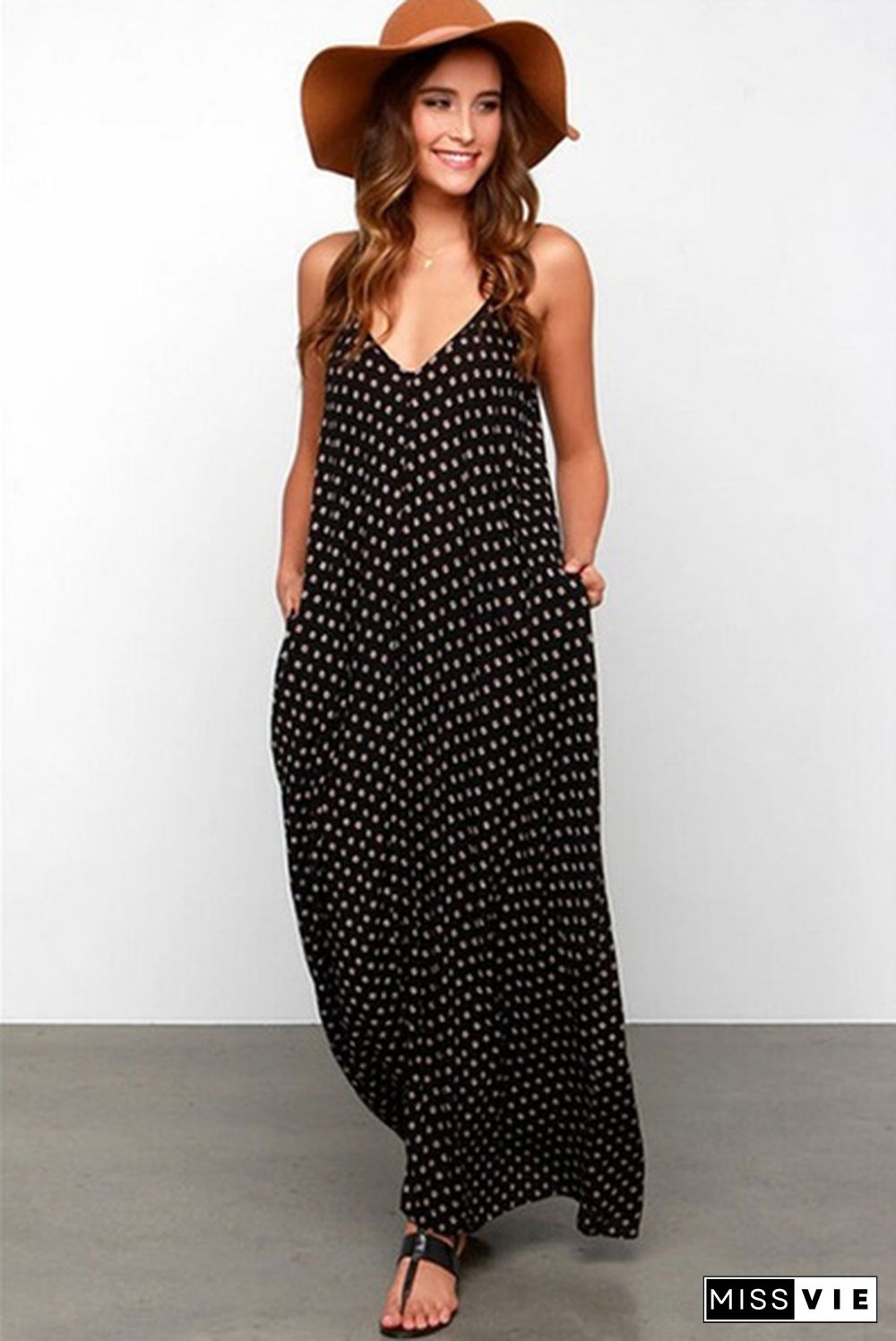 Women Loose Maxi Dress Sling Polka Dot Pocket V-neck Summer Casual Vestido