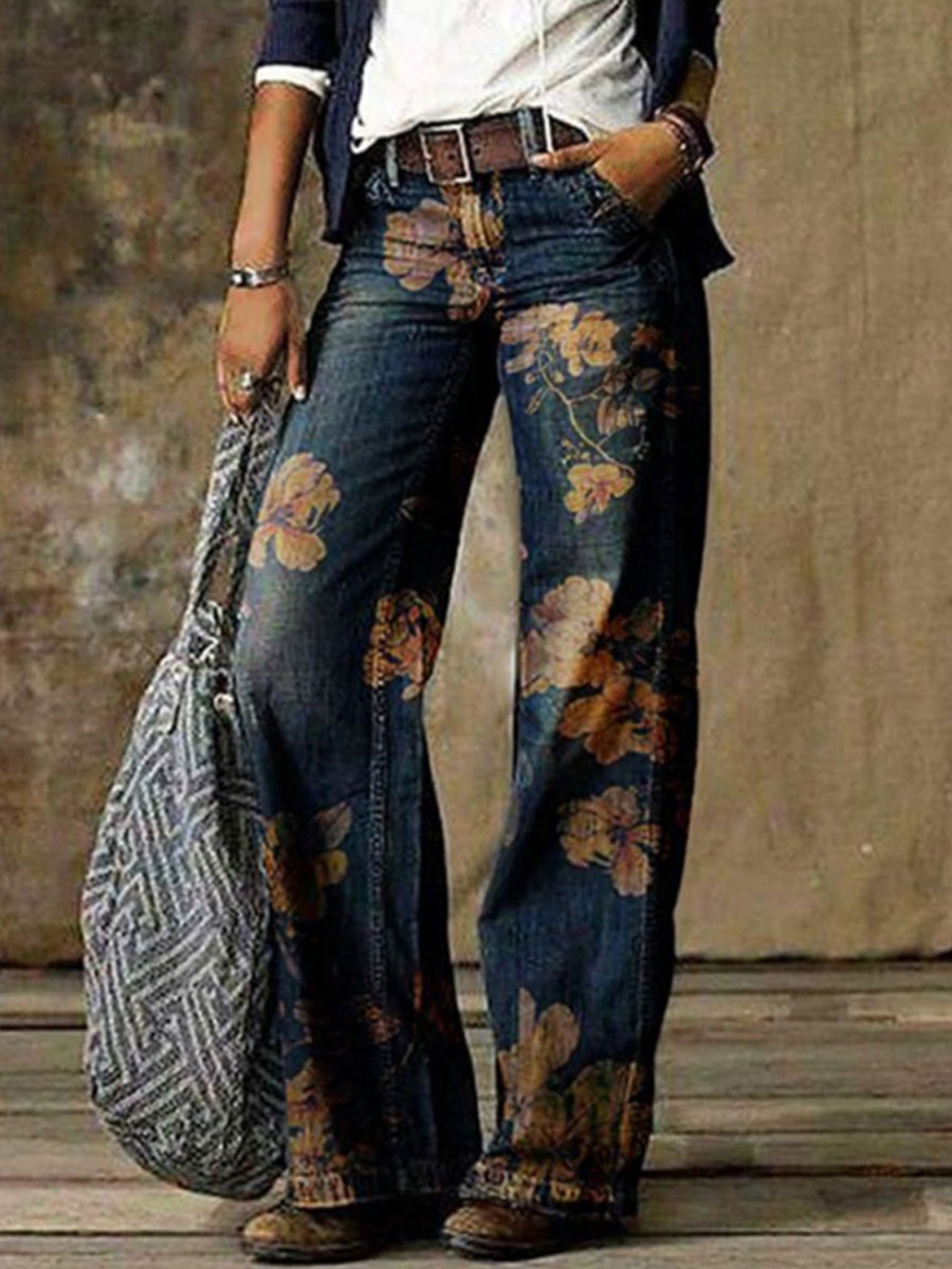 Denim Print Loose Retro Pants