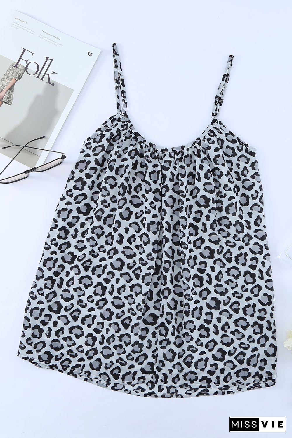 Leopard Print Spaghetti Strap Pleated Flowing Tank Top