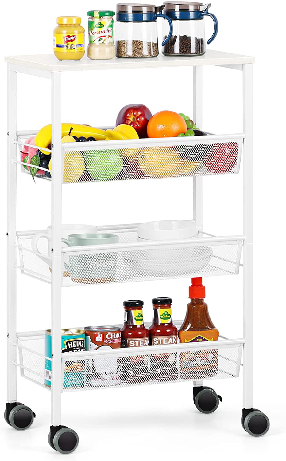 3 Tier Kitchen Storage Rolling Utility Cart with Wood Top， White