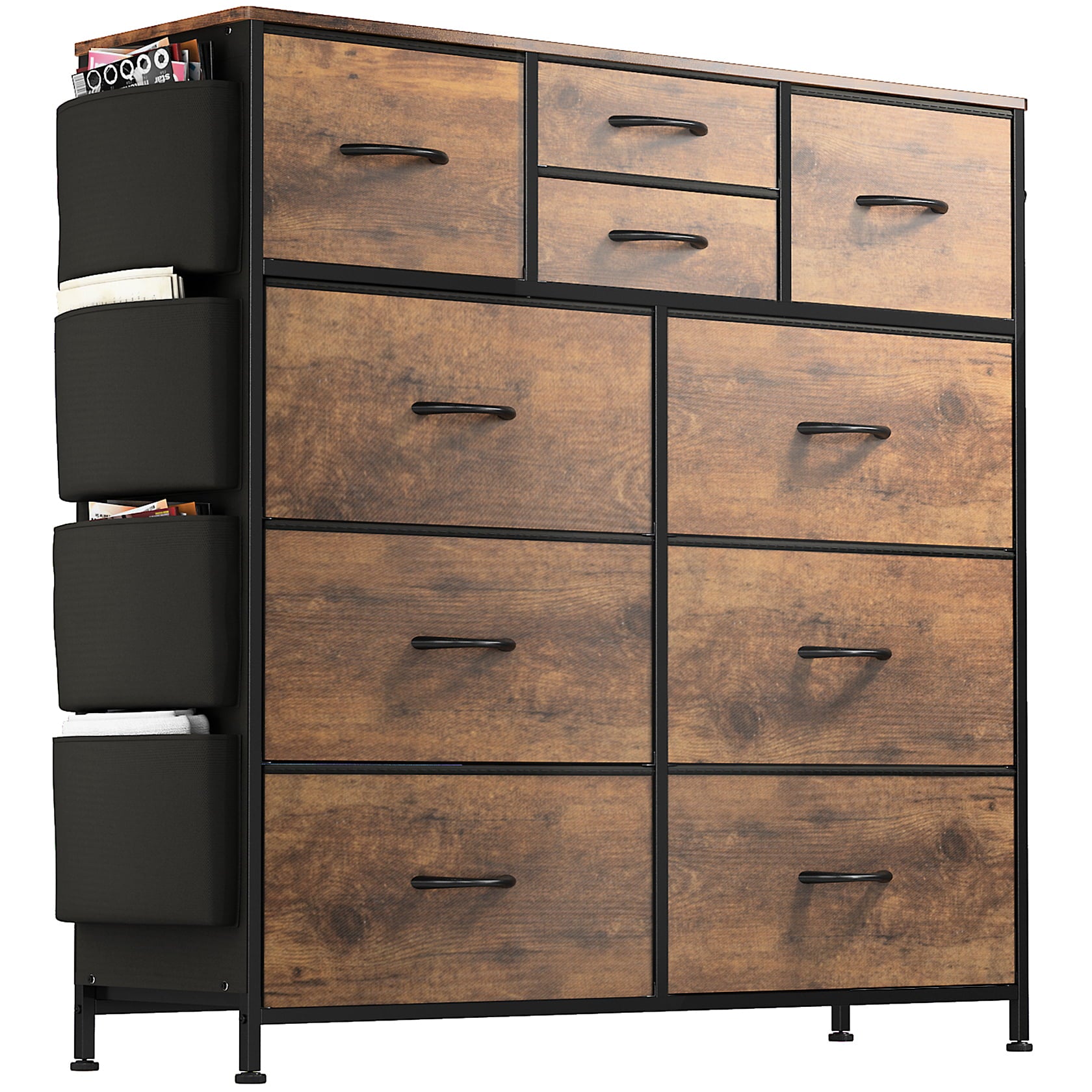 Lulive 10 Drawer Dresser, Chest of Drawers for Bedroom with Side Pockets and Hooks Fabric Storage Dresser Sturdy Steel Frame Wood Top Organizer Unit for Hallway Closet (Brown)