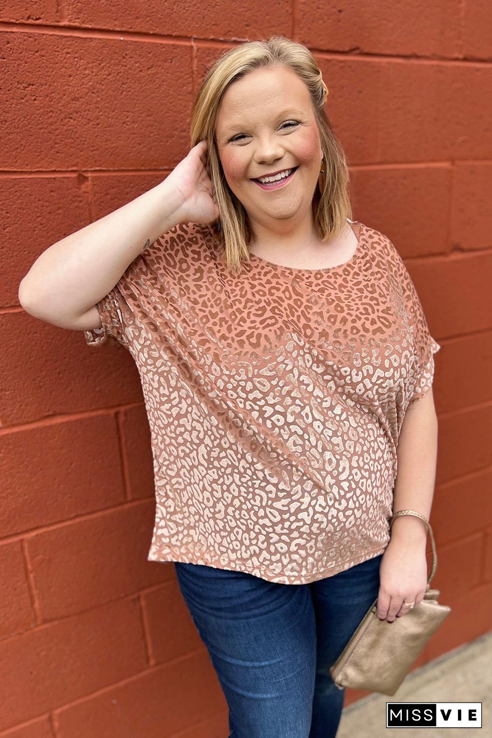 Pink Plus Size Ombre Glitter Leopard T-shirt