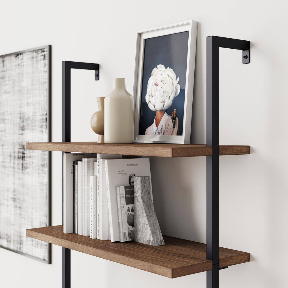 Nathan James Theo 85 in. Matte Black Reclaimed Oak Wood 6-Shelf Wall Mount Ladder Bookcase with Matte Black Metal Frame 65607