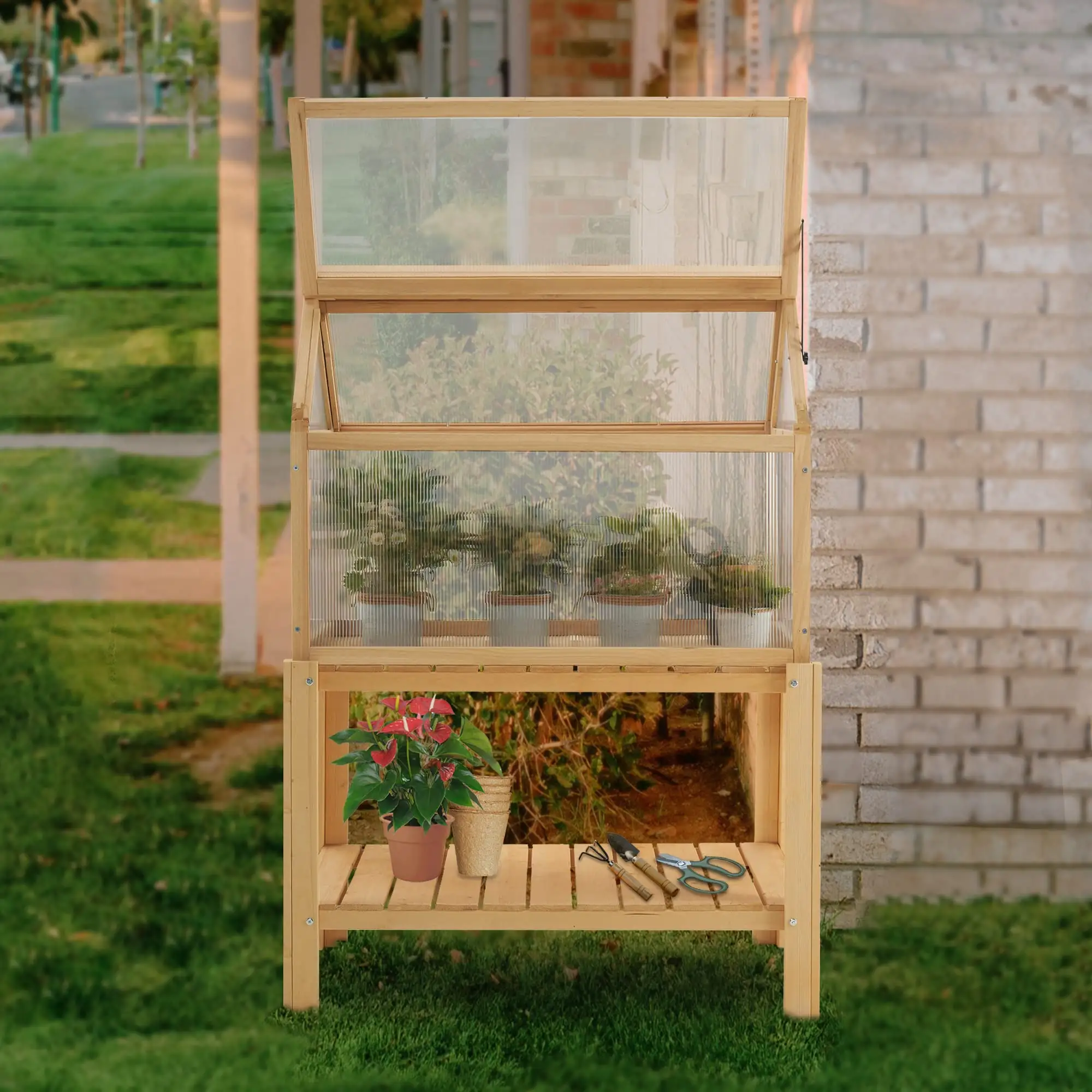 OTXIINXIIN Cold Frame Greenhouse Portable Wooden Greenhouse Raised Potted Plant Protection Box with Shelf for Outdoor Indoor Use